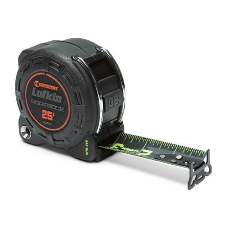 Three-quarter view of the Lufkin Shockforce G2 tape measure with a small portion of the Nite Eye blade and diamond-coated end hook extended.