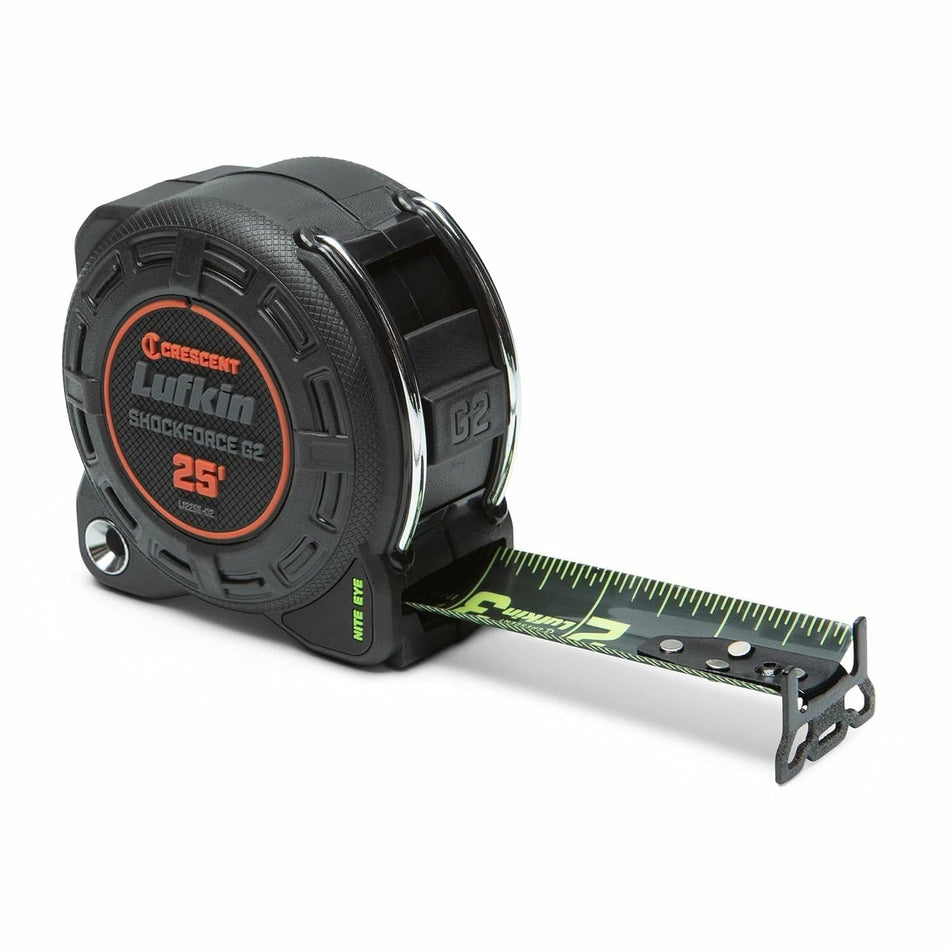 Three-quarter view of the Lufkin Shockforce G2 tape measure with a small portion of the Nite Eye blade and diamond-coated end hook extended.