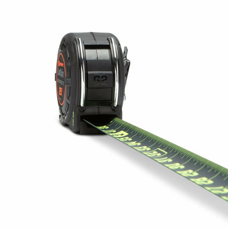 Side profile of the Lufkin tape measure with the Nite Eye blade extended towards the viewer, emphasizing the high-contrast measurement markings.