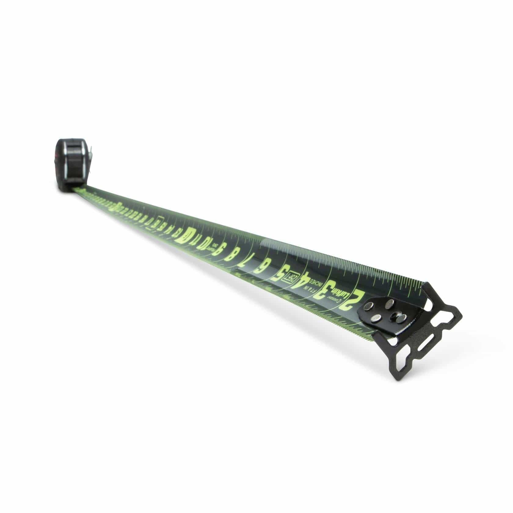 The Lufkin Nite Eye blade extended on a white background, showing the high-visibility green markings on a black tape and the unique diamond-coated end hook.