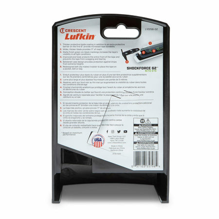 The back of the retail packaging for the Lufkin tape measure, showing a list of features in multiple languages, safety warnings, and company information.