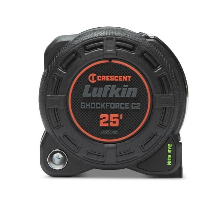 Front view of the Lufkin Shockforce G2 Nite Eye 25-foot tape measure, showing the Crescent Lufkin logo and rugged black case design.