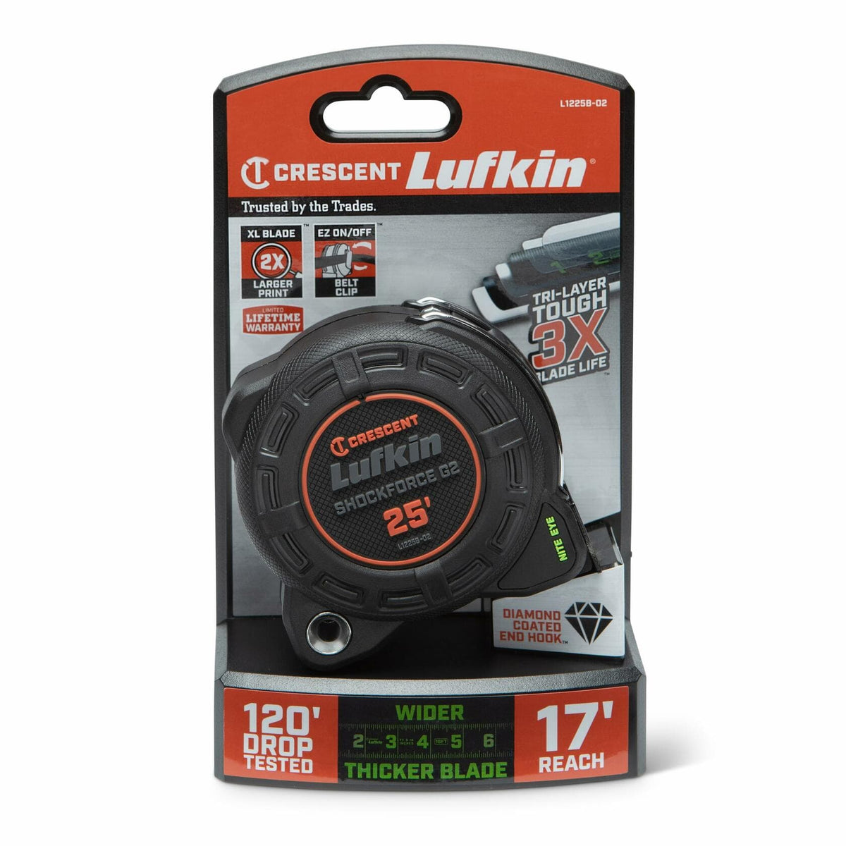 The Lufkin Shockforce G2 Nite Eye tape measure in its retail packaging, highlighting features like 120-foot drop tested, 17-foot reach, and a diamond-coated end hook.