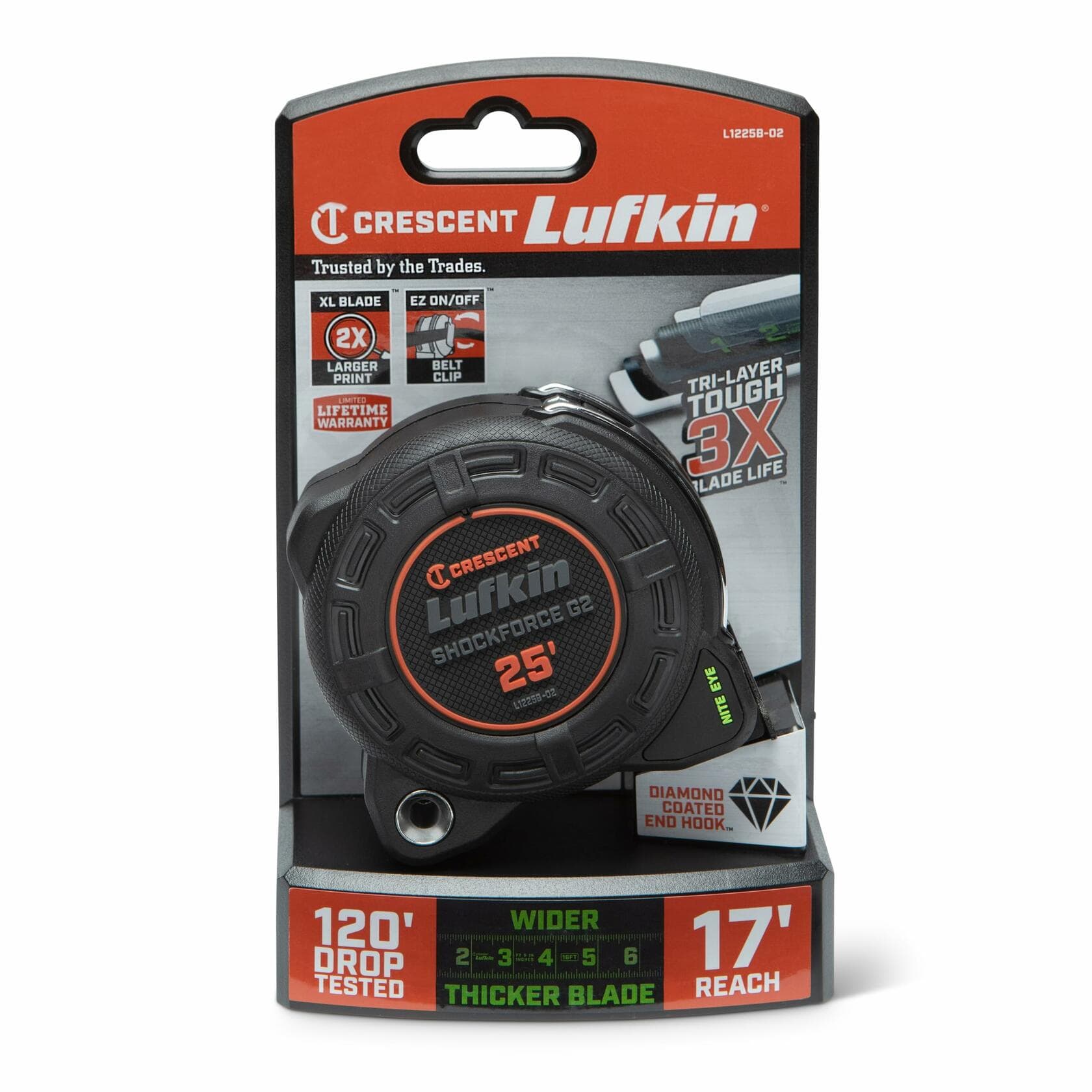 The Lufkin Shockforce G2 Nite Eye tape measure in its retail packaging, highlighting features like 120-foot drop tested, 17-foot reach, and a diamond-coated end hook.