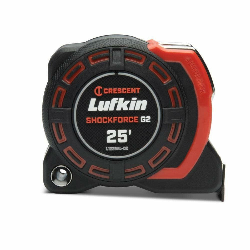 Front-on view of the Lufkin SHOCKFORCE G2 25-foot auto-lock tape measure, showing the black and red case design with the 'Lufkin SHOCKFORCE G2 25'' logo.