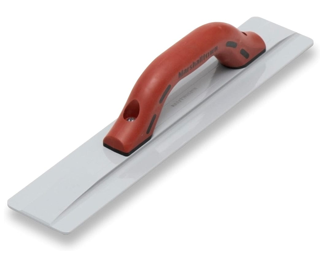 Angled profile view of the MARSHALLTOWN 16-inch magnesium float, showing the red DuraSoft handle and the beveled magnesium blade.