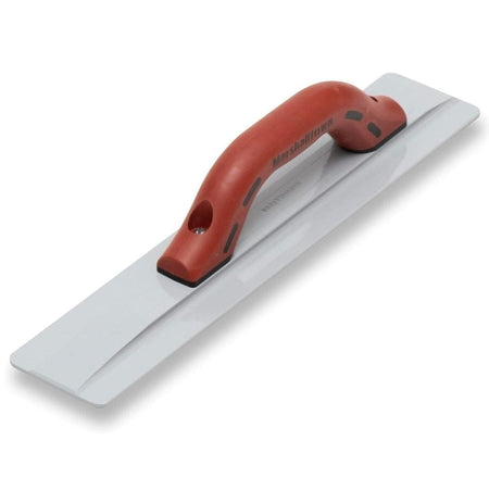 Angled profile view of the MARSHALLTOWN 16-inch magnesium float, showing the red DuraSoft handle and the beveled magnesium blade.