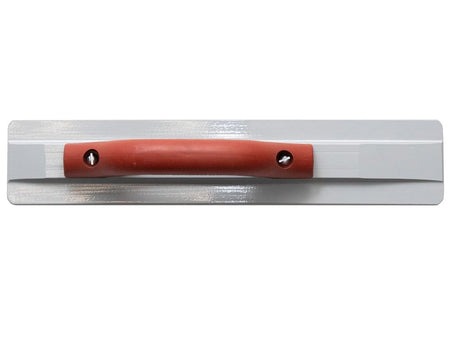 Top-down view of the MARSHALLTOWN magnesium float, showing the top of the red DuraSoft handle and the two fasteners connecting it to the blade.