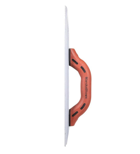 A side profile of the MARSHALLTOWN magnesium float, showing the ergonomic curve of the red DuraSoft handle.