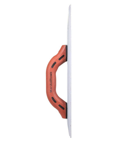 A side profile of the MARSHALLTOWN magnesium float, highlighting the ergonomic shape of the red DuraSoft handle.
