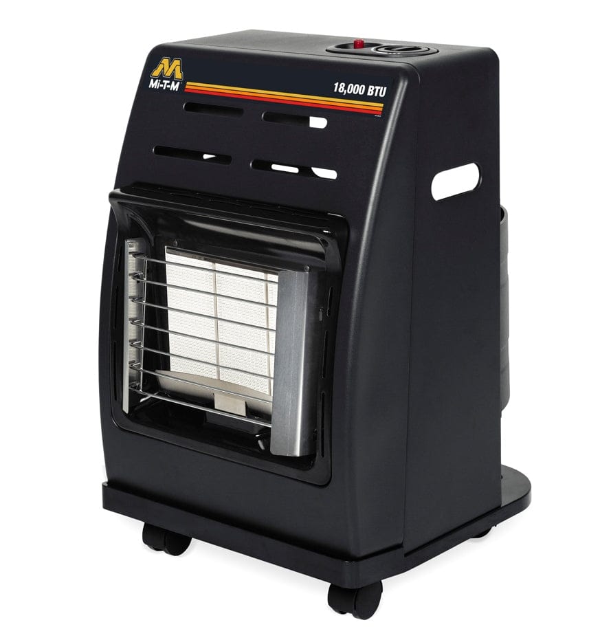 Portable propane cabinet heater with black exterior, ceramic heating element, metal grill, control knob, and four caster wheels for mobility.