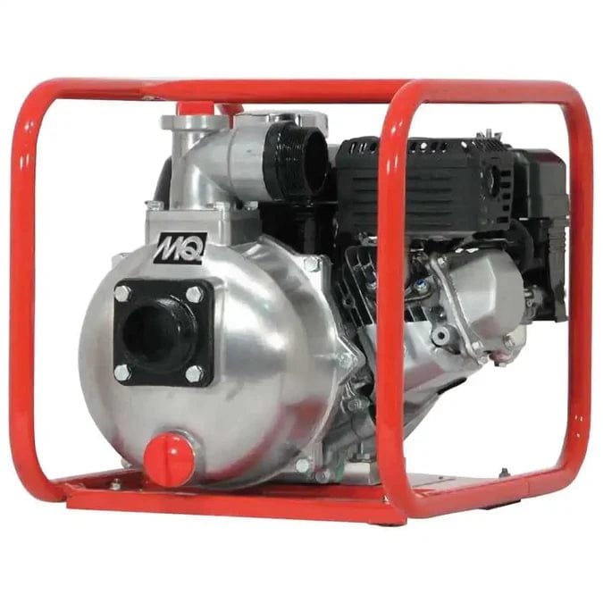 Portable MULTIQUIP QP2H centrifugal dewatering pump encased in a red tubular steel frame. Features include a Honda GX120 gasoline engine, visible air filter, fuel tank, and exhaust components. The pump housing has inlet and outlet ports for water flow and is labeled with the MQ logo. Designed for clear water transfer in construction, agriculture, and emergency response applications.