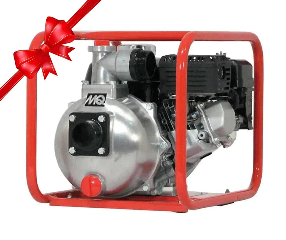 Portable MULTIQUIP QP2H centrifugal dewatering pump encased in a red tubular steel frame. Features include a Honda GX120 gasoline engine, visible air filter, fuel tank, and exhaust components. The pump housing has inlet and outlet ports for water flow and is labeled with the MQ logo. Designed for clear water transfer in construction, agriculture, and emergency response applications with a red ribbon in the corner indicating a holiday sale item.