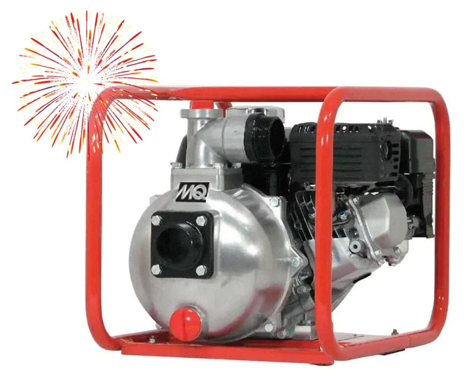 Portable MULTIQUIP QP2H centrifugal dewatering pump encased in a red tubular steel frame. Features include a Honda GX120 gasoline engine, visible air filter, fuel tank, and exhaust components. The pump housing has inlet and outlet ports for water flow and is labeled with the MQ logo. Designed for clear water transfer in construction, agriculture, and emergency response applications with a fireworks starburst in the corner.