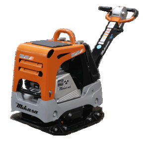  Mikasa MVH-308GH reversible plate compactor. It's a heavy-duty construction machine, primarily orange and gray, with a large, flat base for compacting soil and asphalt. It has a powerful engine and a set of handlebars for operator control. This type of compactor can move both forward and backward, making it highly maneuverable on job sites in Tomball, Texas, or anywhere else.