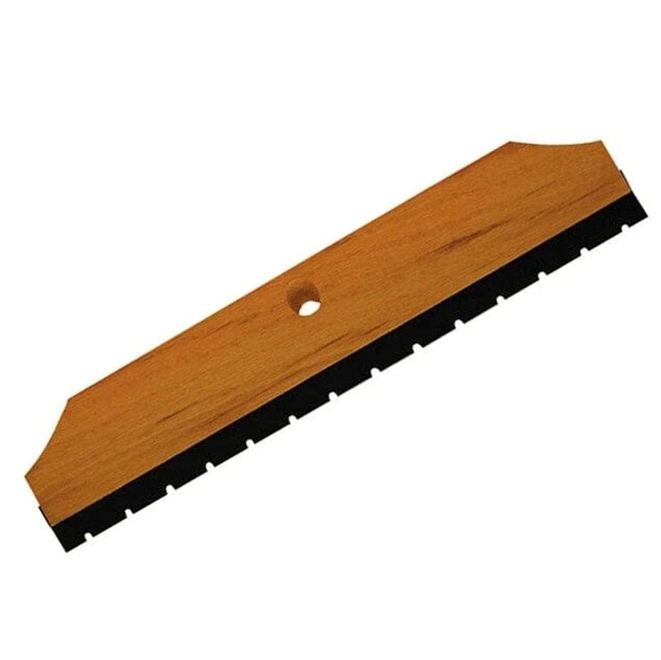 Full length view of the roofing squeegee displaying the 24 inch wood block and the evenly spaced notches on the black rubber blade.