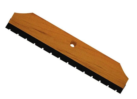 Angled view of the Magnolia Brush 24 inch wood backed squeegee showing the smooth hardwood block and black notched rubber blade.