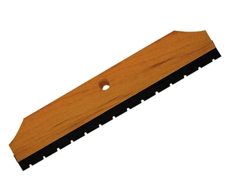 Full length view of the roofing squeegee displaying the 24 inch wood block and the evenly spaced notches on the black rubber blade.