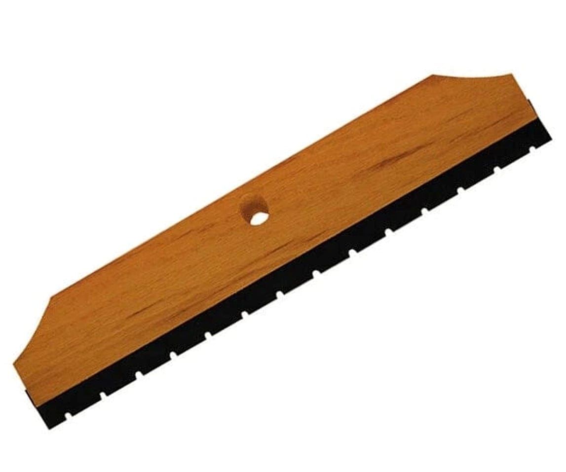 Studio shot of the squeegee highlighting the central tapered handle socket and the notched rubber edge for adhesive application.