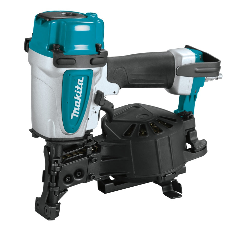 A three-quarter profile studio shot of the Makita AN454 coil roofing nailer.