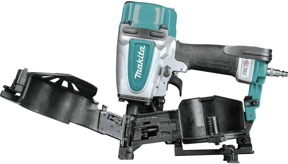 A side profile studio shot of the Makita AN454 roofing nailer with its coil magazine and shingle guide fully open.