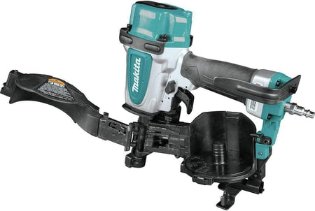 A studio shot of the Makita AN454 coil roofing nailer with its side-loading canister and shingle guide swung open for loading.