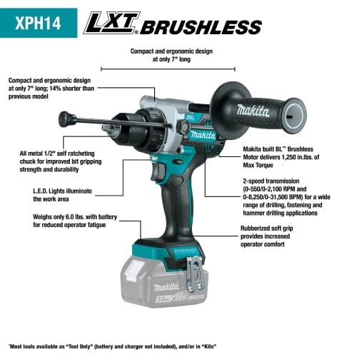 Makita XPH14 LXT Brushless cordless drill with side handle and battery attached. Callouts highlight compact 7" design, 1,250 in.lbs. torque, LED lights, and 2-speed transmission.