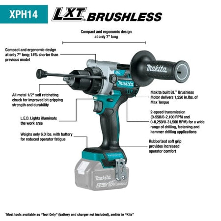 Makita XPH14 LXT Brushless cordless drill with side handle and battery attached. Callouts highlight compact 7" design, 1,250 in.lbs. torque, LED lights, and 2-speed transmission.