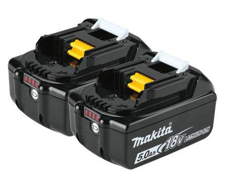 Two Makita 18V LXT Lithium-Ion 5.0Ah batteries with yellow connectors and white release latches. Each battery includes LED charge level indicators on the side.