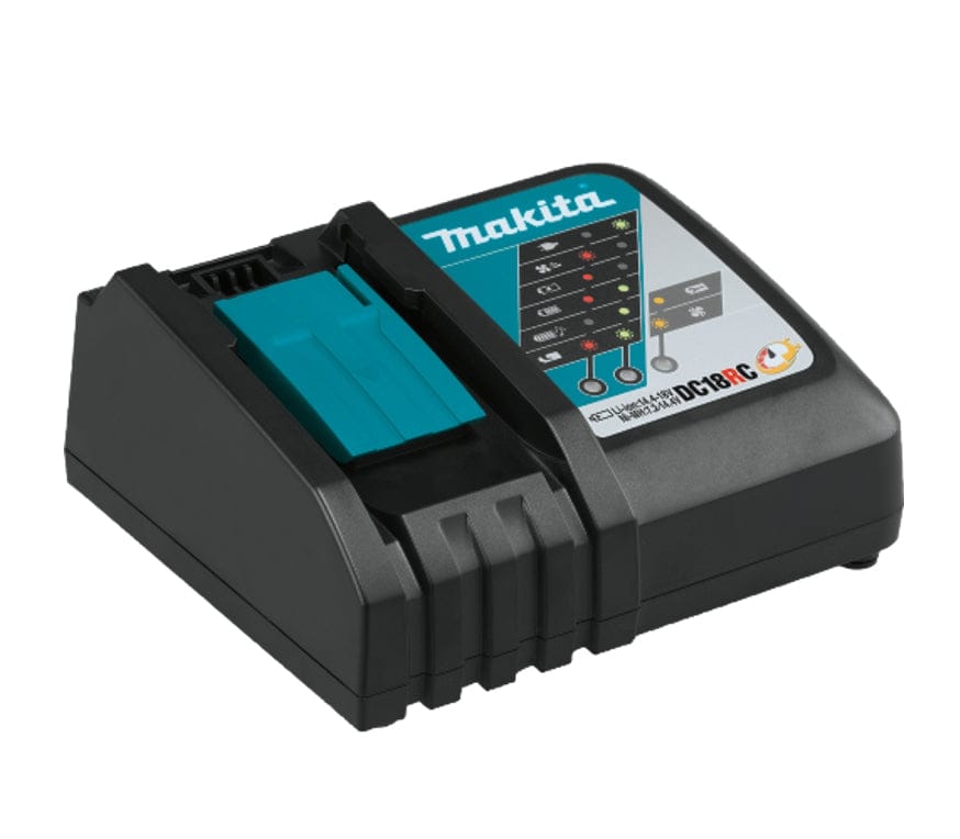 Makita DC18RC battery charger with LED status indicator chart on top. Designed for 18V LXT Lithium-Ion batteries, showing slot for battery insertion and branded label.