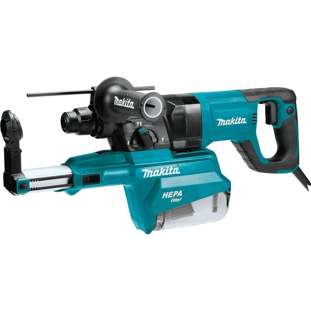 Makita HR2661 rotary hammer drill with HEPA dust extractor attachment. Tool features auxiliary handle, trigger switch, and corded power for clean concrete drilling.