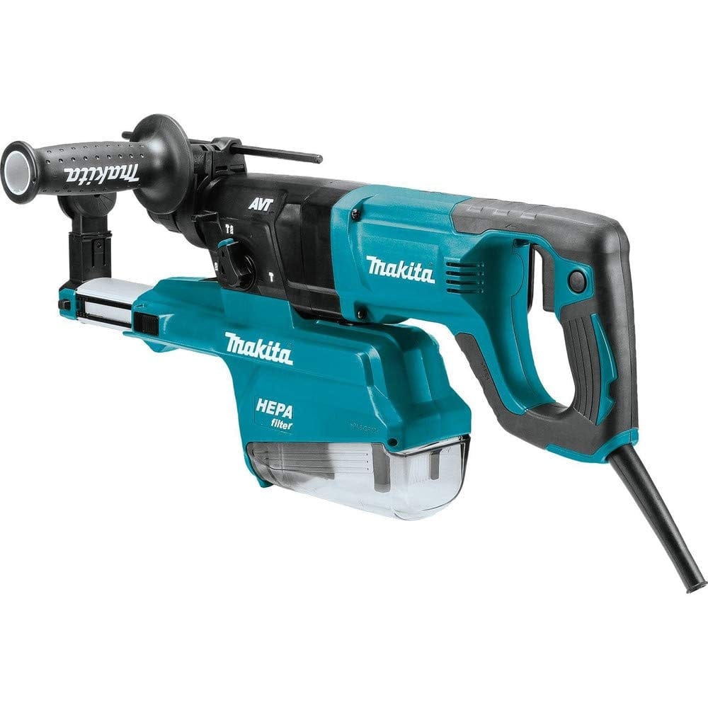 Makita HR2661 rotary hammer drill with side handle, depth gauge, and AVT vibration control. Tool is designed for heavy-duty drilling and dust collection.