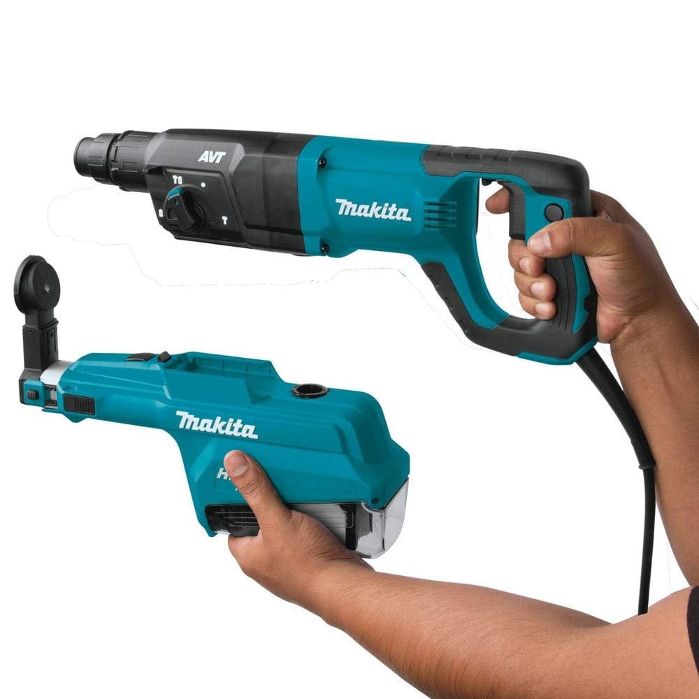 Person holding Makita HR2661 rotary hammer drill and compatible dust extractor attachment. Tools are shown together to demonstrate integrated use for clean drilling.
