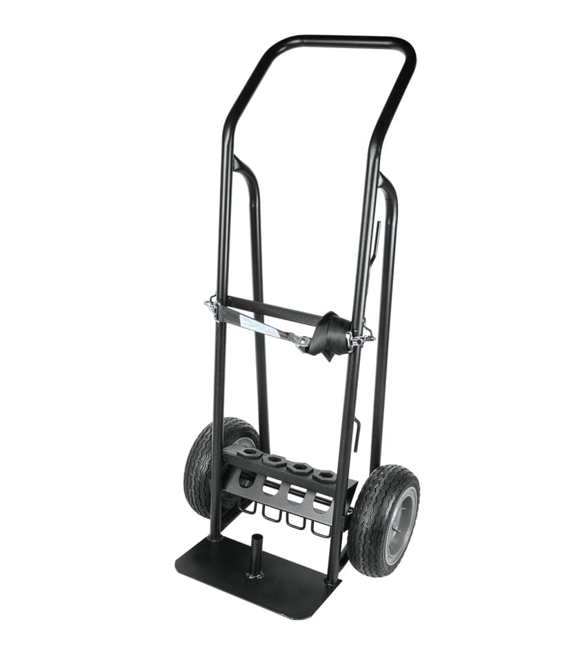 Makita AVT breaker hammer mounted on wheeled cart with coiled power cord and metal frame for transport.