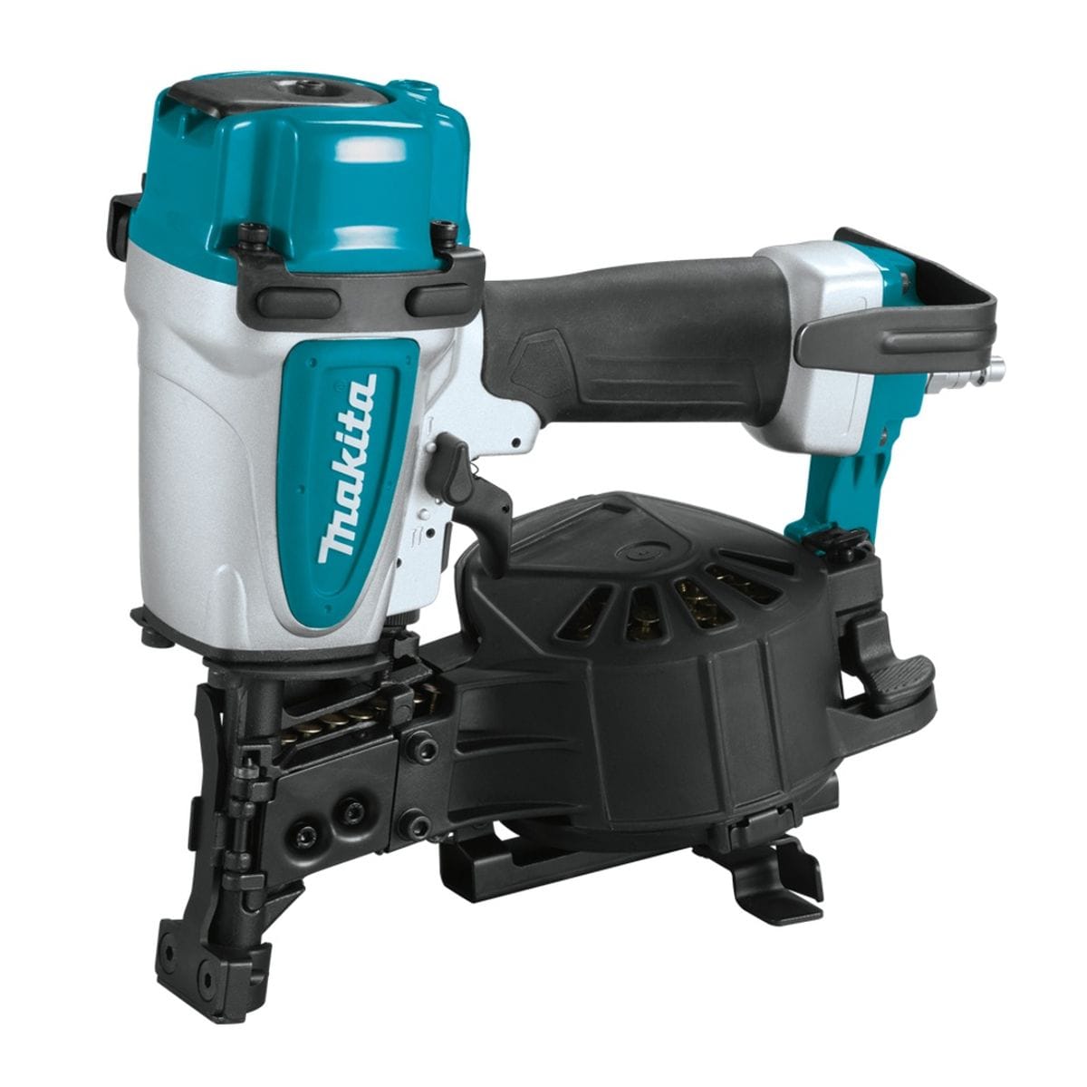 A three-quarter profile studio shot of the Makita AN454 coil roofing nailer.