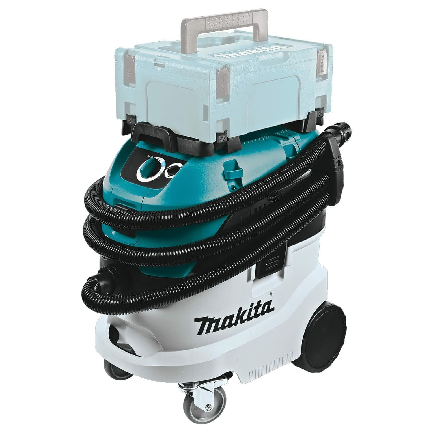 Makita VC4210L vacuum with coiled hose and translucent modular storage case on top, showing compatibility with Makita’s interlocking tool storage system.
