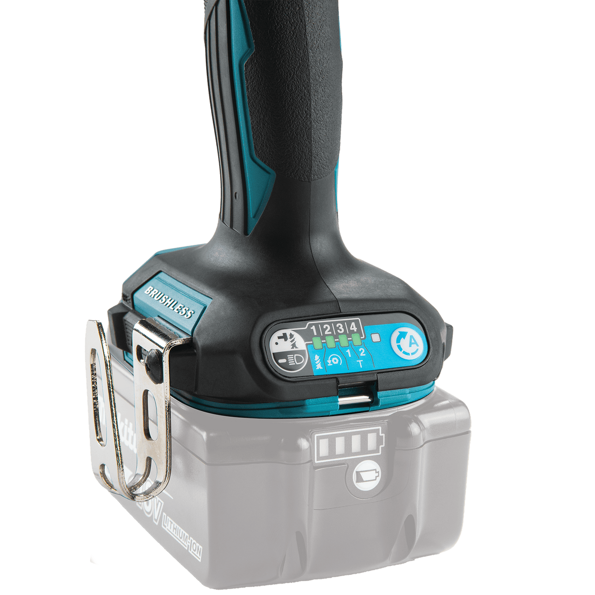 Close-up of the Makita XDT20 base interface displaying LED speed indicators, Assist Mode button, and battery mount.