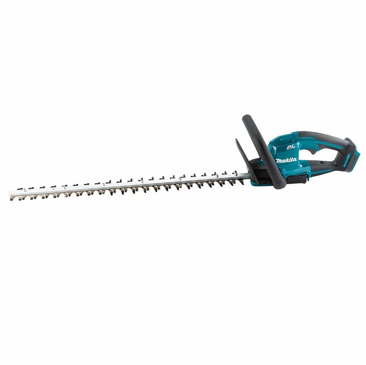 Makita XHU09Z 18V LXT brushless cordless hedge trimmer featuring a 24-inch dual-action double-sided steel blade and ergonomic teal and black handle design.