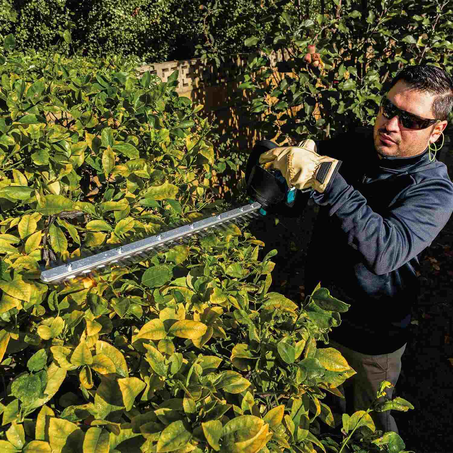 Perspective shot of a worker utilizing the high-speed 4,000 SPM Makita brushless hedge trimmer to maintain ornamental landscaping, highlighting the tool's effectiveness on thick branches.