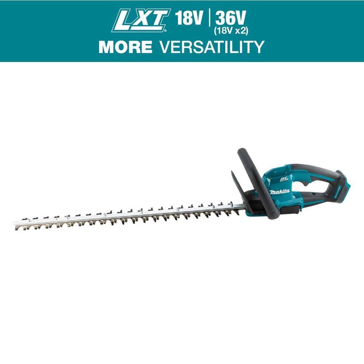 Product graphic for the Makita LXT system featuring the XHU09Z hedge trimmer with a banner highlighting more versatility across the 18V and 36V (18V x2) battery platforms.