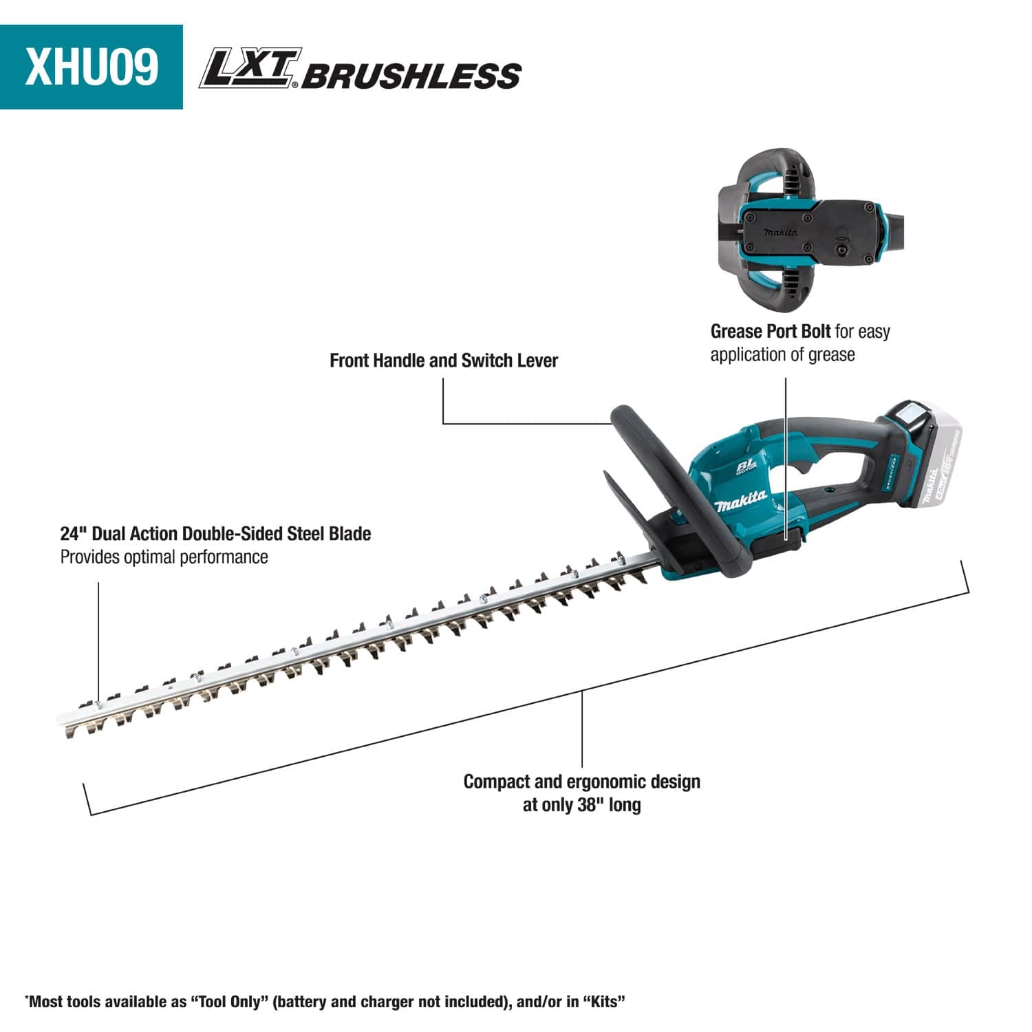 Product infographic for the Makita XHU09 18V LXT brushless hedge trimmer highlighting the 24-inch dual-action blade, front handle switch lever, grease port bolt, and compact 38-inch overall length.