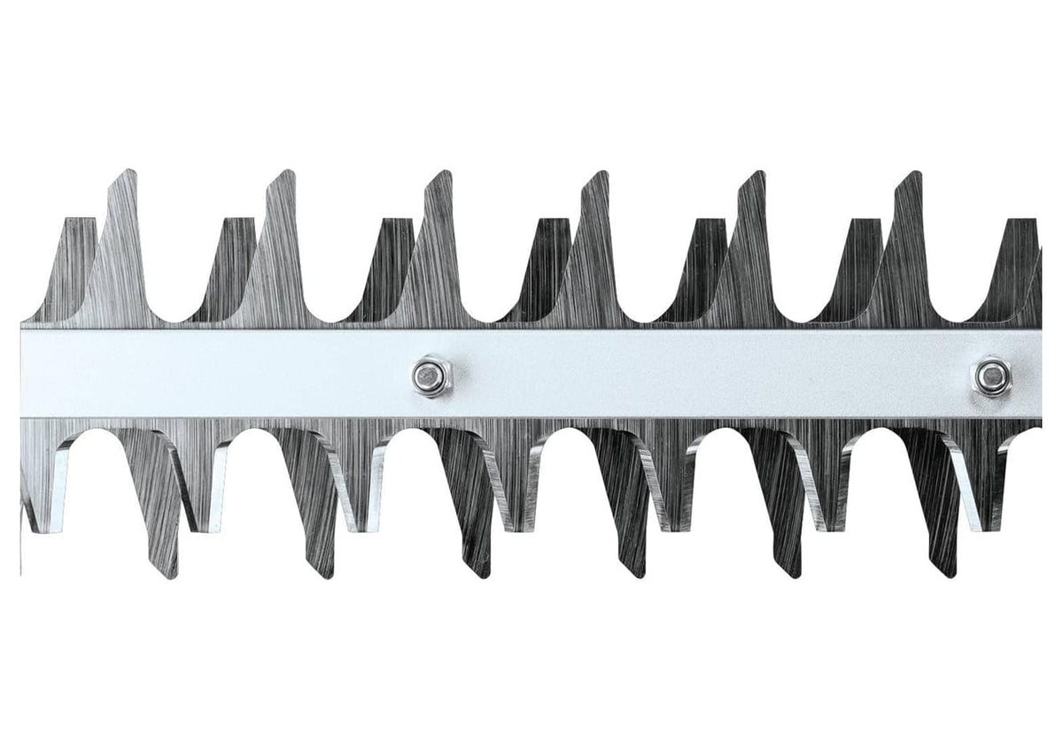 Extreme close-up of the Makita 24-inch dual-action hedge trimmer blades showing the precision-ground steel teeth and heavy-duty structural bolts for professional landscape maintenance.