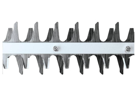 Extreme close-up of the Makita 24-inch dual-action hedge trimmer blades showing the precision-ground steel teeth and heavy-duty structural bolts for professional landscape maintenance.
