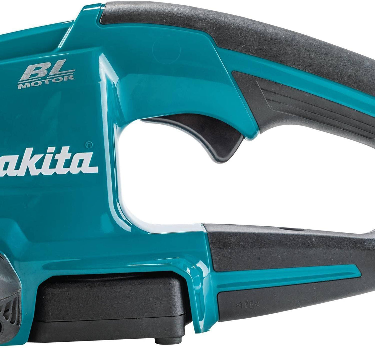 Detailed view of the Makita brushless motor housing and trigger assembly, emphasizing the rubberized soft grip and the BL Brushless motor logo on the teal tool body.