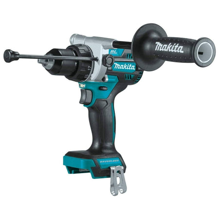 This is a pistol-shaped power tool with a rotating chuck at the front and an additional long handle attached to its side. It is mostly teal and black and has the word "Makita" printed on both its body and the side handle.