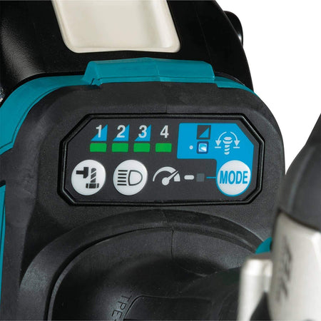 A detailed close-up of the 4-speed power selection and mode control panel at the base of the Makita XWT18T, showing the LED indicators for speeds 1, 2, 3, and 4.