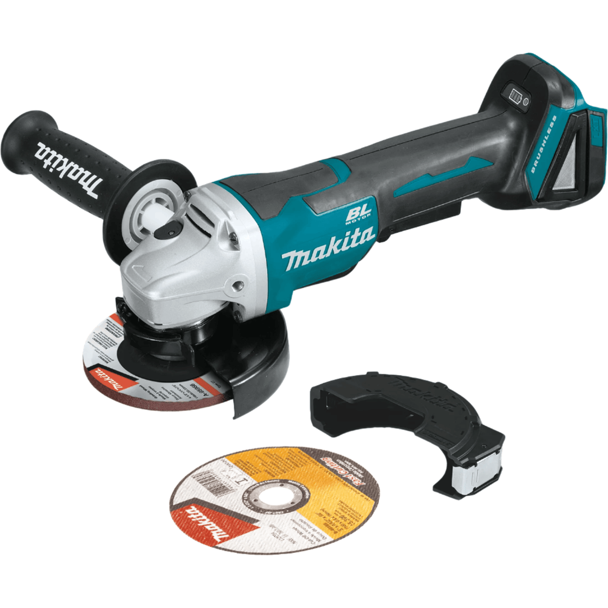 The image shows a teal and gray Makita XAG11Z cordless angle grinder with a black auxiliary handle. The grinder has a grinding disc attached and is accompanied by a spare grinding disc and a black guard attachment, with a black battery pack at the rear.