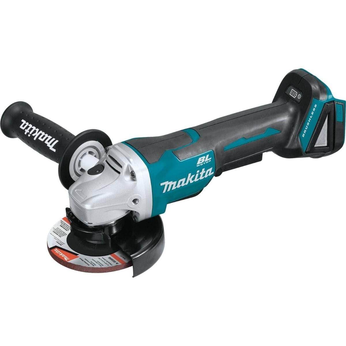 A studio shot of the Makita XAG11Z 18V LXT angle grinder (bare tool) with the side handle and a grinding disc attached, on a white background.