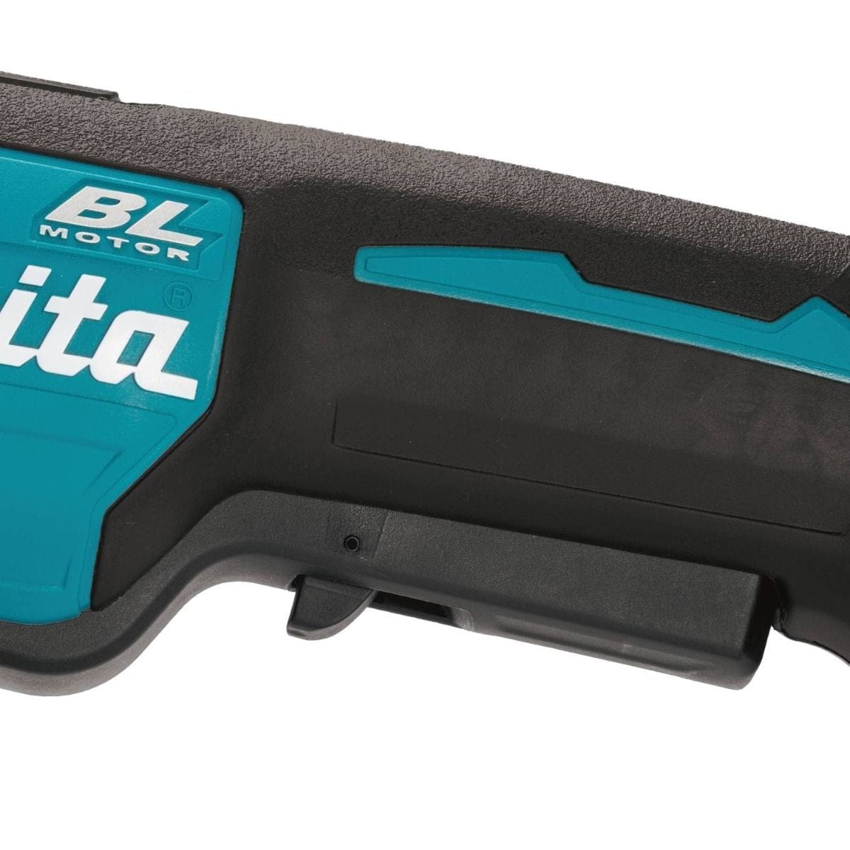 A close-up of the underside of the Makita XAG11Z angle grinder, showing the long black paddle switch.