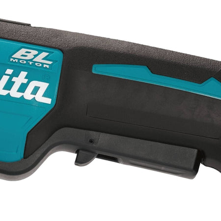 A close-up of the underside of the Makita XAG11Z angle grinder, showing the long black paddle switch.